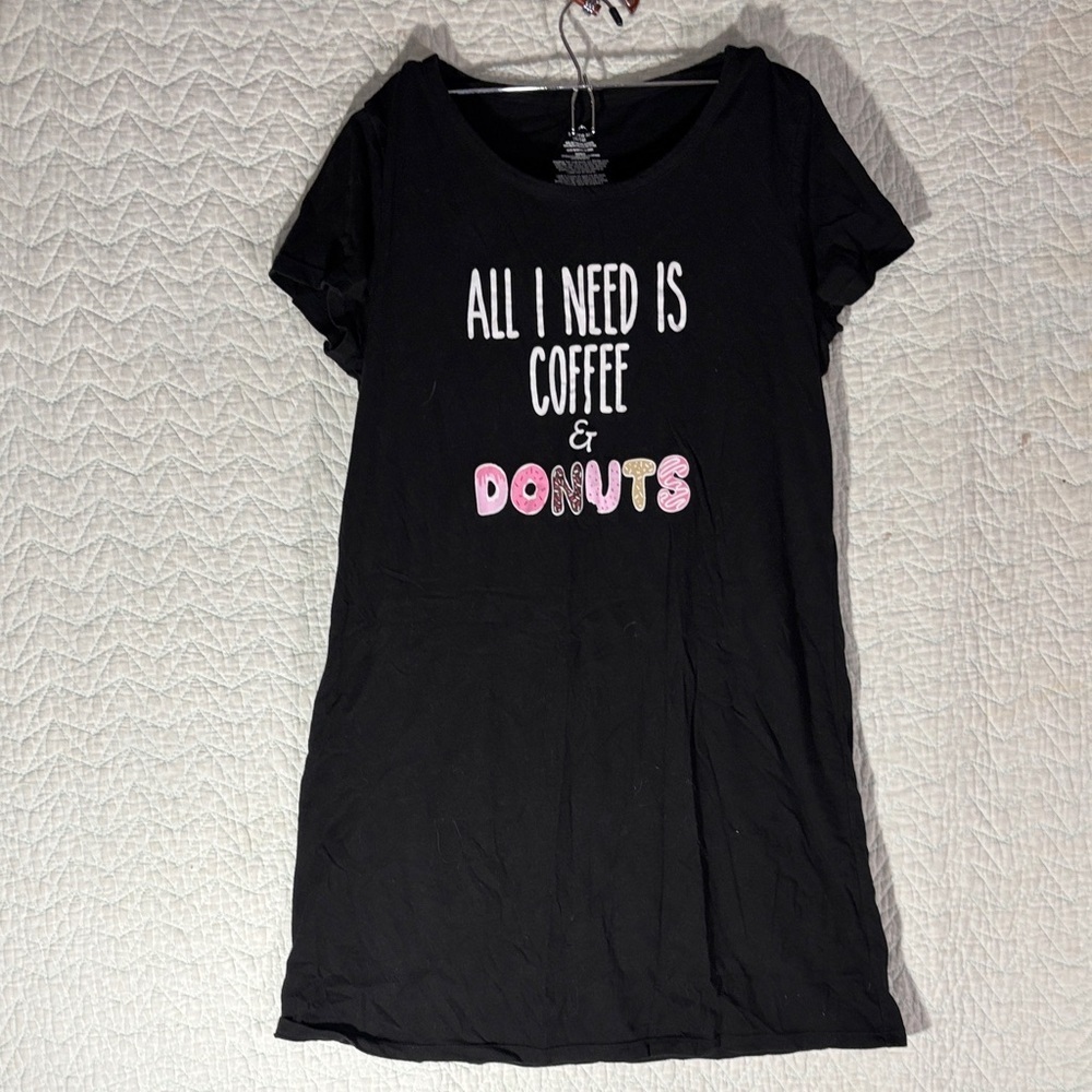 Women's Black Nightshirt with Coffee & Donuts Print